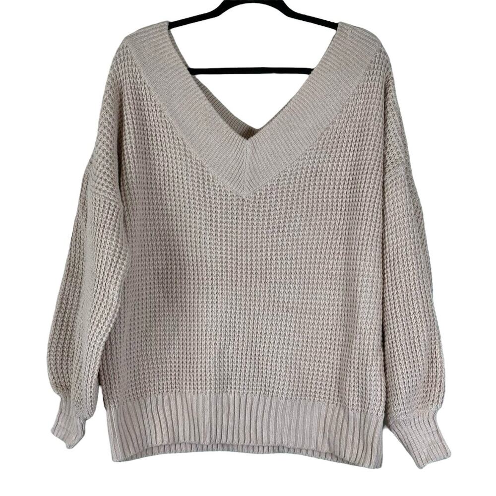 Zenana Sweater Womens M Beige V-Neck Chunky Knit Slouchy Oversized Cozy Neutral